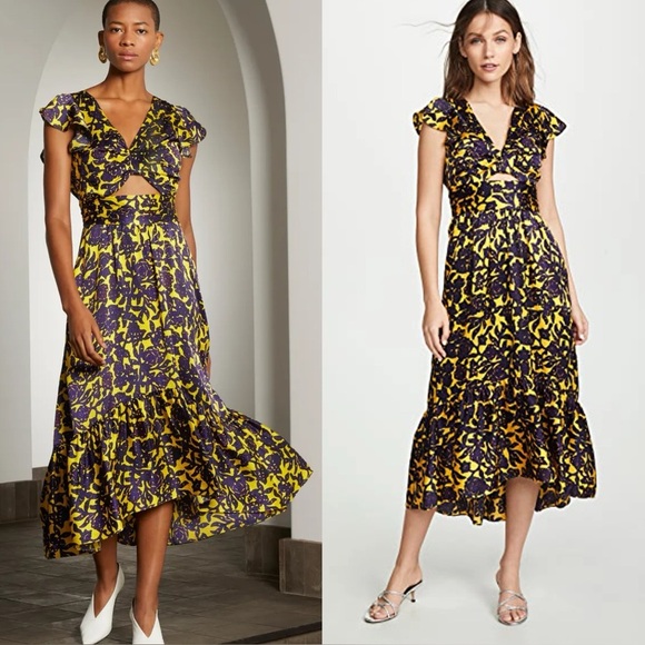 A.L.C. Valencia Silk Floral Midi Dress Yellow Purple Cut-Out Ruffle Hem Sz 2 - Picture 3 of 16
